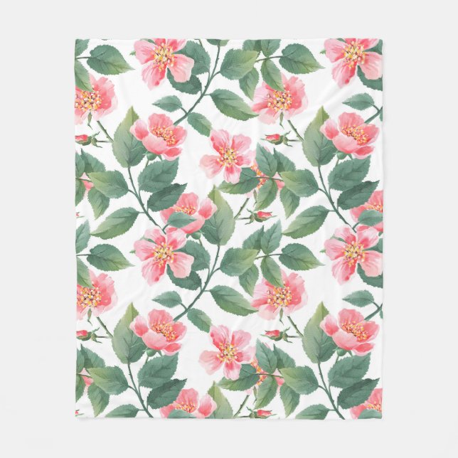 Couverture Polaire Rose sauvage aquarelle transparente motif. Fleurs, (Devant)