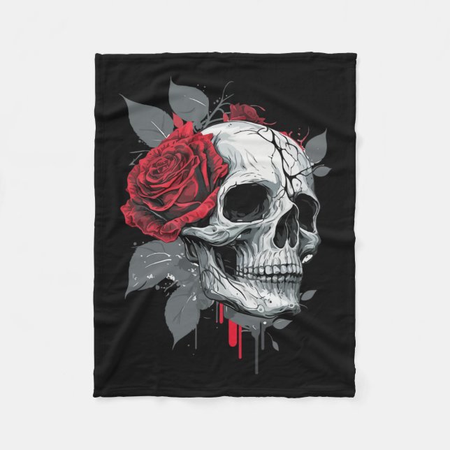 Couverture Polaire Rose Skeleton Skull main rouge Fleur Rose (Devant)