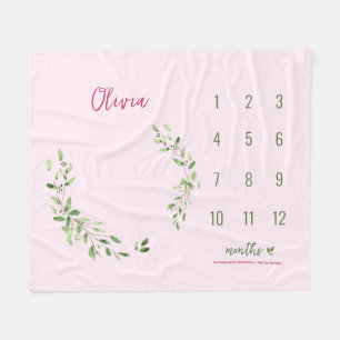 Couverture Polaire Rose Vert Feuilles Baby Girl Monthly Milestone