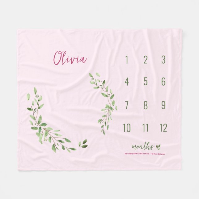 Couverture Polaire Rose Vert Feuilles Baby Girl Monthly Milestone (Devant (Horizontal))