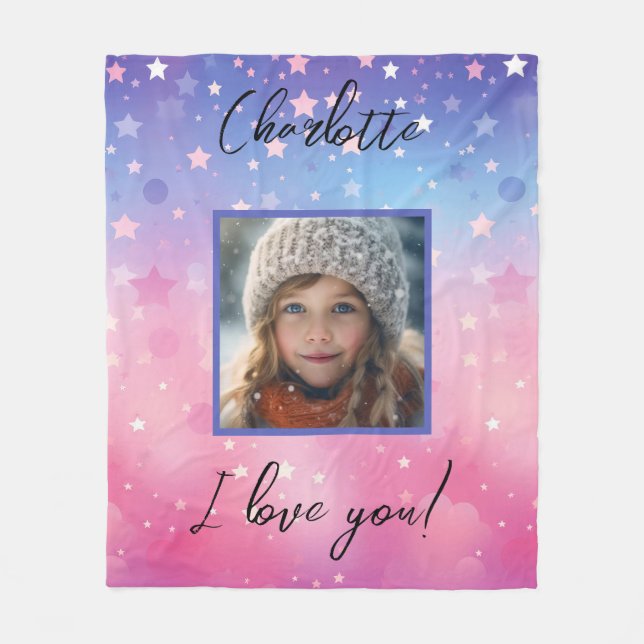 Couverture Polaire Rose violet étoiles Photo personnalisée et nom Cit (Devant)