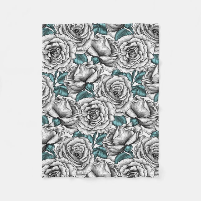 Couverture Polaire Roses blanches avec feuilles bleus (Devant)