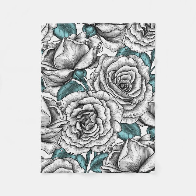 Couverture Polaire Roses blanches avec feuilles bleus (Devant)
