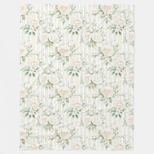 Couverture Polaire Roses blanches teintées de rose romantiques rayure (Devant)