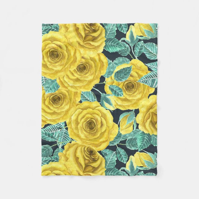 Couverture Polaire Roses d'aquarelle jaune avec feuilles et pattes de (Devant)