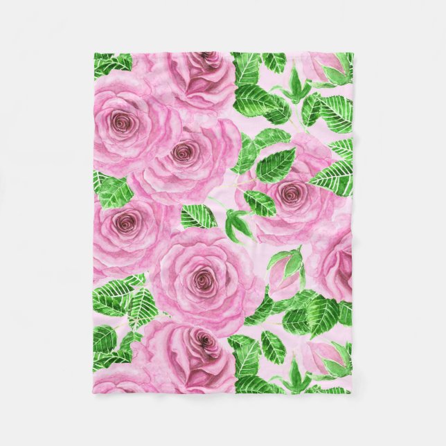 Couverture Polaire Roses d'aquarelle rose avec feuilles et pattes de  (Devant)