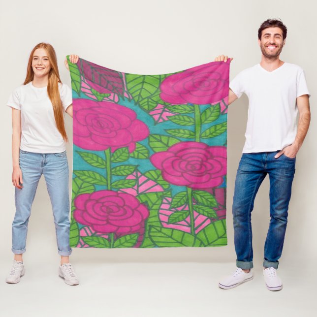 Couverture Polaire Roses et Feuilles tropicaux (En situation)