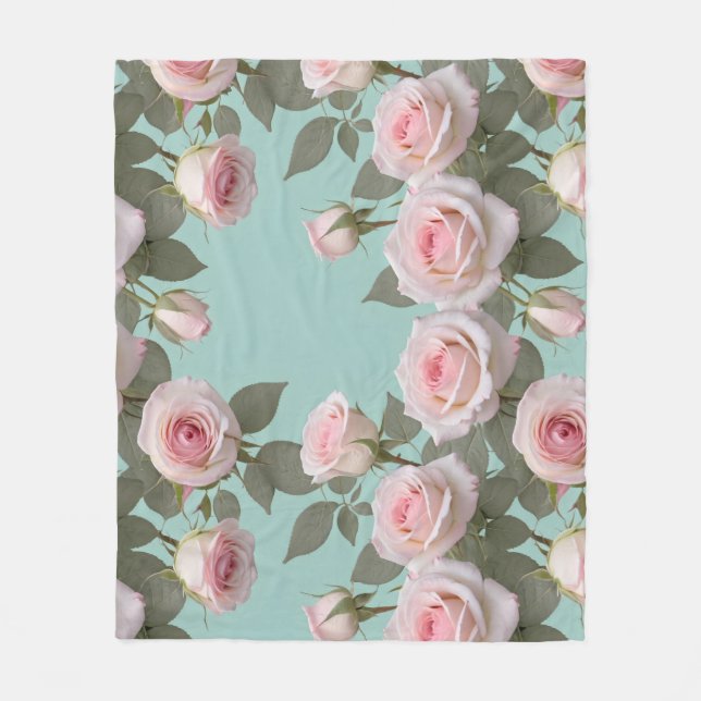 Couverture Polaire Roses roses bébé avec feuilles vert sauge (Devant)
