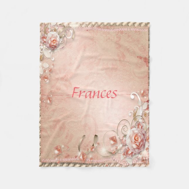 Couverture Polaire Roses roses, perles et pierres précieuses (Devant)