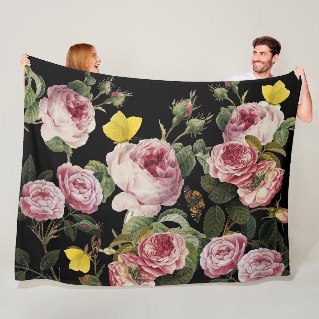 Couverture Polaire ROSES ROSES ROSES ET BOUTTERFLIES JAUNES Florales  (En situation)