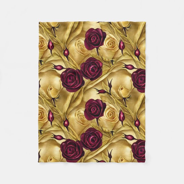 Couverture Polaire Roses rouge et or (Devant)