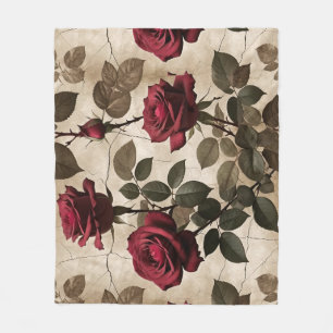 Couverture Polaire Roses Rouge Profond Avec Feuilles Vert Foncé