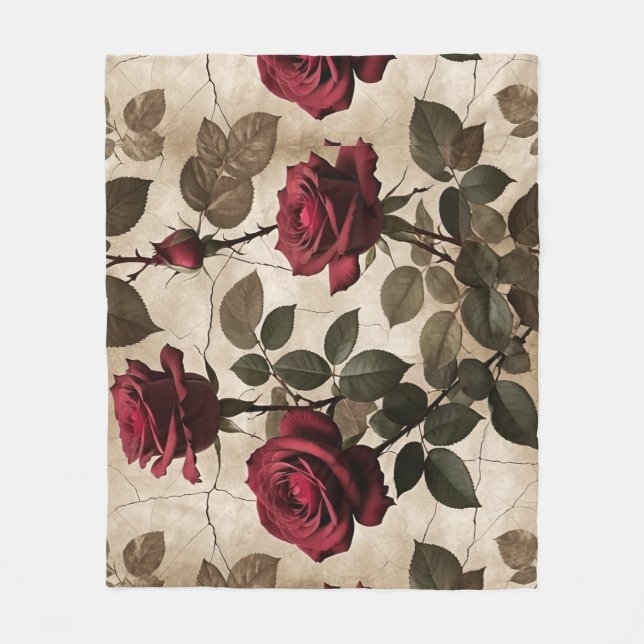 Couverture Polaire Roses Rouge Profond Avec Feuilles Vert Foncé (Devant)