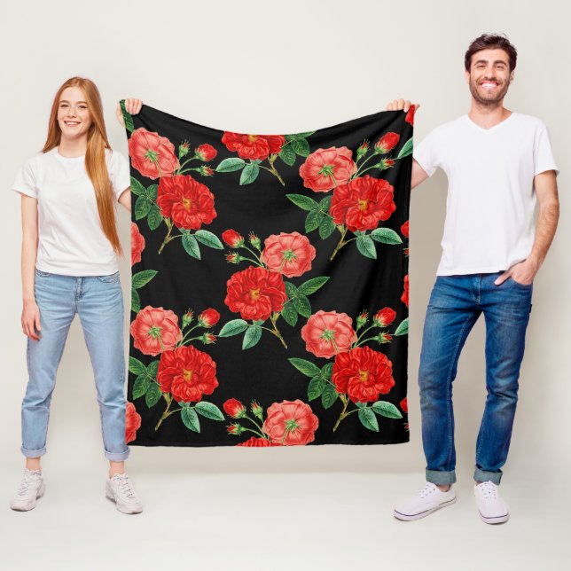 Couverture Polaire Roses rouges, fond noir, (En situation)