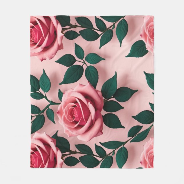 Couverture Polaire Roses rouges vives avec des feuilles vert foncé (Devant)