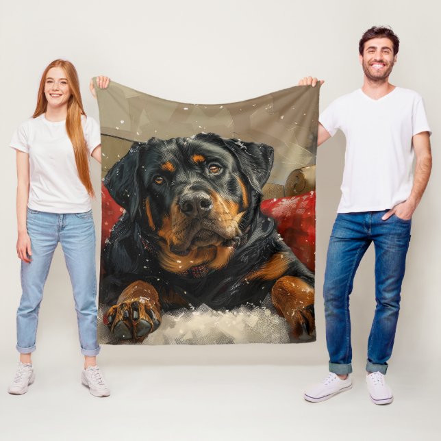Couverture Polaire Rottweiler chien festif de Noël (En situation)