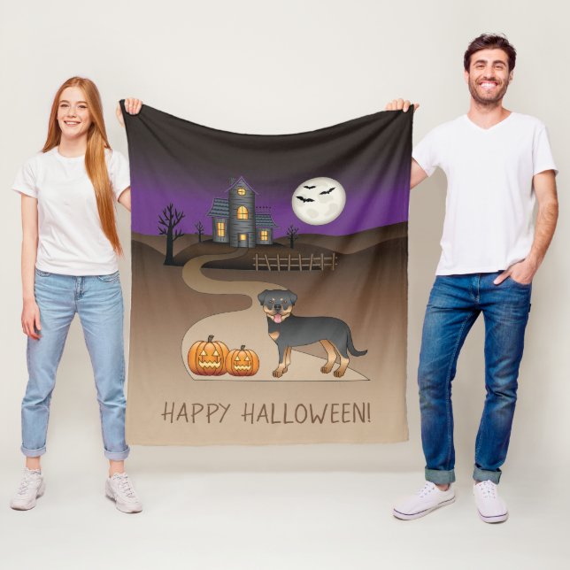 Couverture Polaire Rottweiler noir et feu Halloween Maison Hantée (En situation)