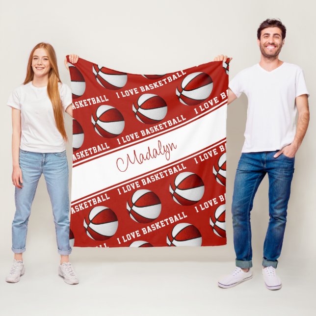 Couverture Polaire rouge blanc J'aime basket filles sport décoration (En situation)