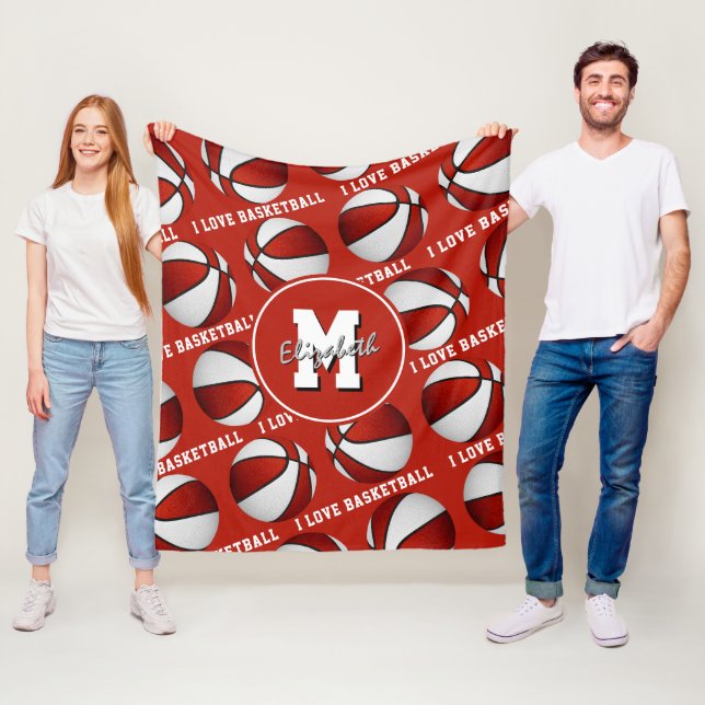 Couverture Polaire rouge blanc J'aime basketball couleurs équipe Flee (En situation)