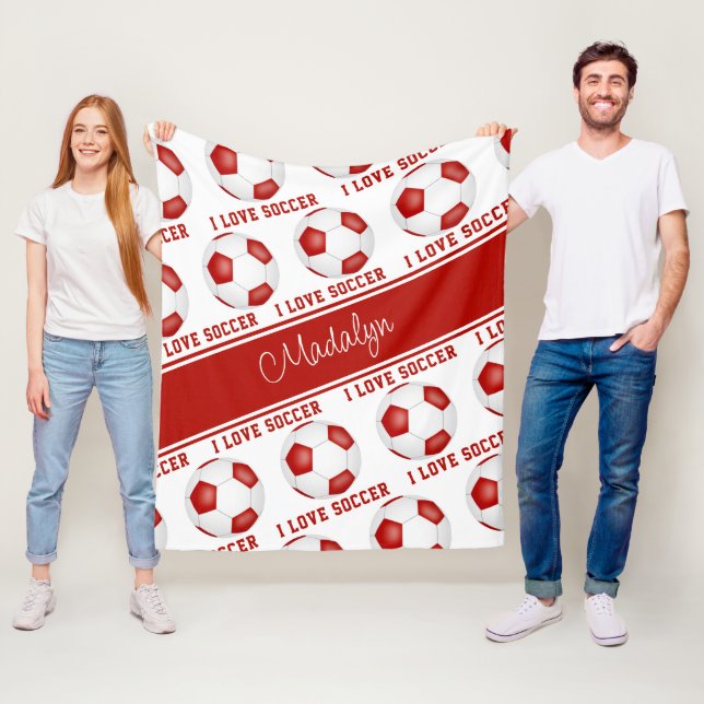 Couverture Polaire rouge blanc J'aime le motif texte de football (En situation)