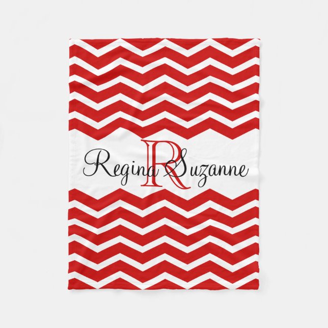 Couverture Polaire Rouge Blanc Nom Monogramme Keepsaké Chevron (Devant)