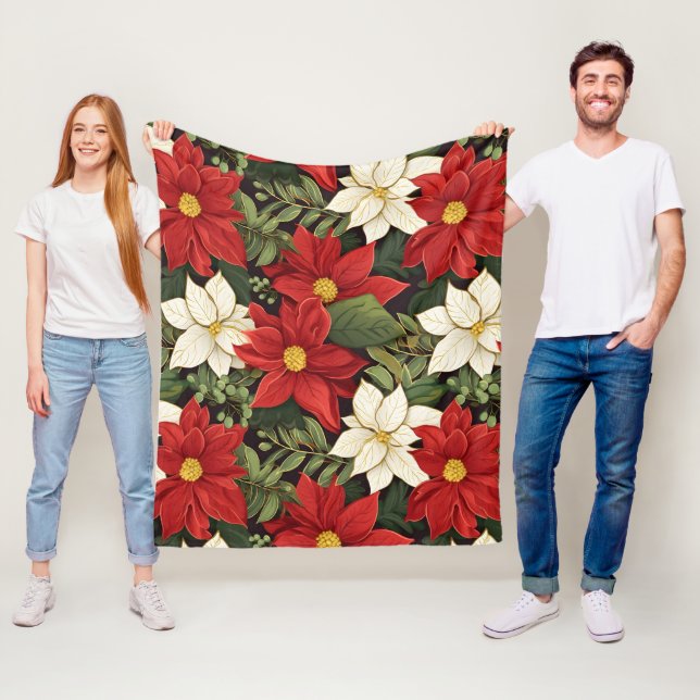 Couverture Polaire Rouge Blanc Vert Poinsettia Fleurs Motif (En situation)