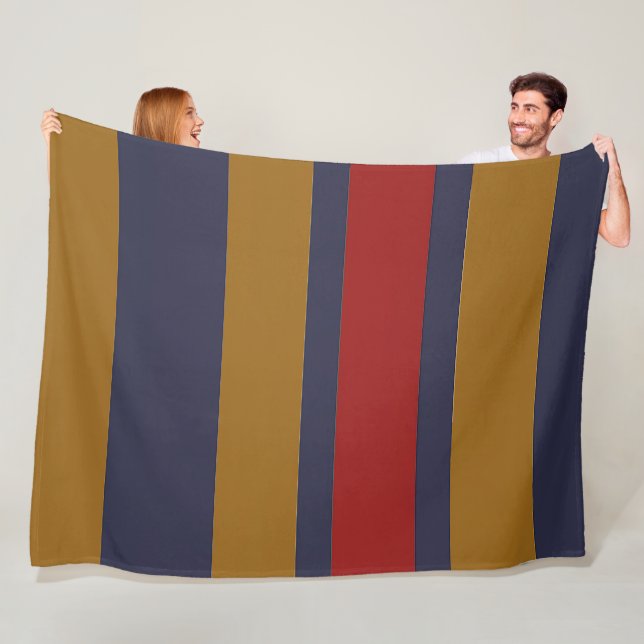 Couverture Polaire Rouge Bleu Foncé Jaune Larges Bandes Rayées (En situation)