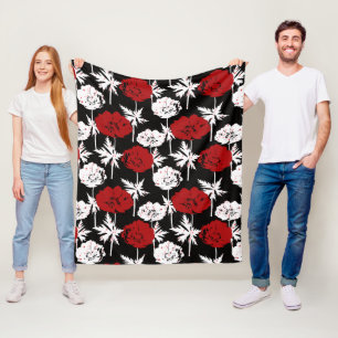 Couverture Polaire Rouge, fleurs blanches sur noir