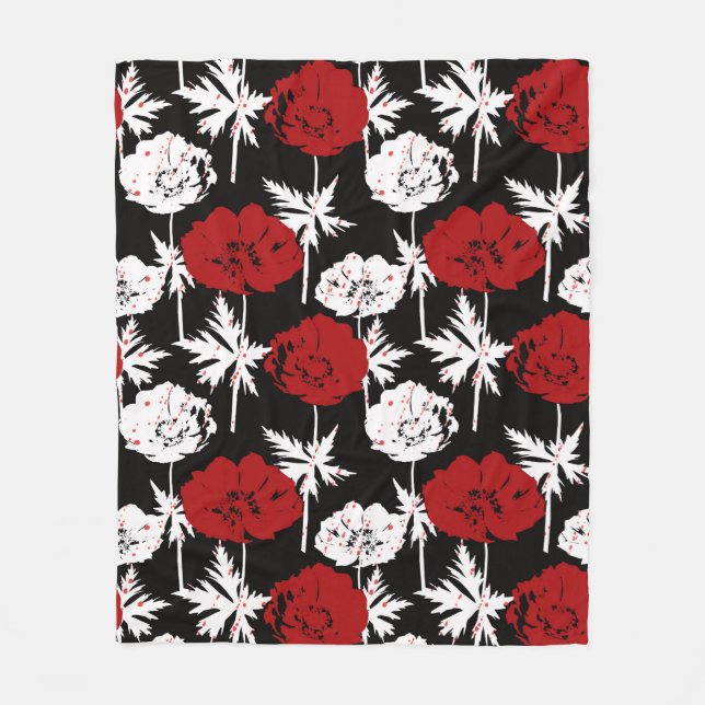 Couverture Polaire Rouge, fleurs blanches sur noir (Devant)