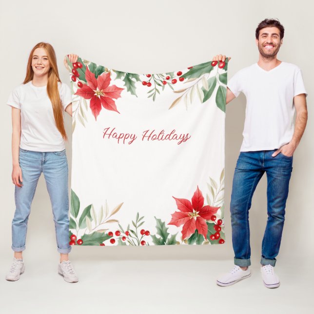 Couverture Polaire Rouge Poinsettia Noël Vacances Fleece Blanche (En situation)