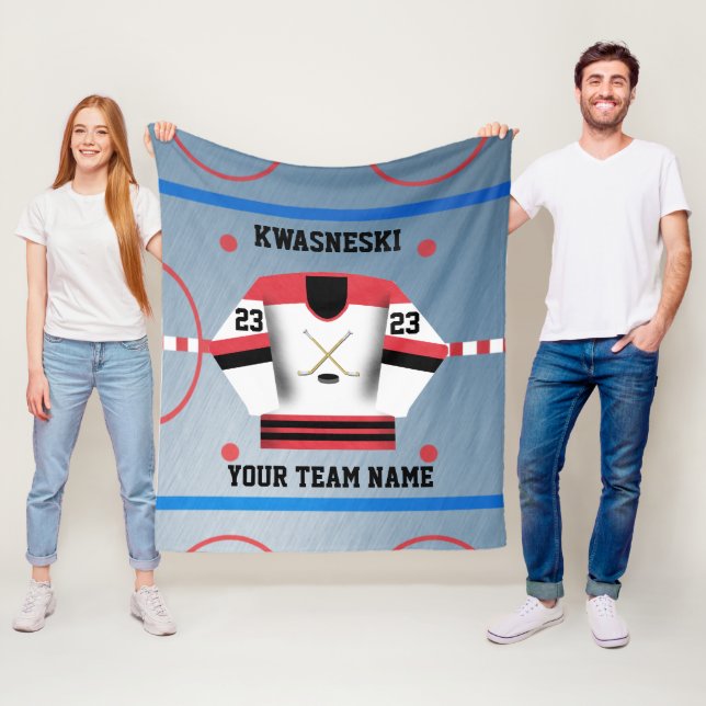 Couverture Polaire Rouge| Rink de hockey sur glace noir| Joueur Jerse (En situation)