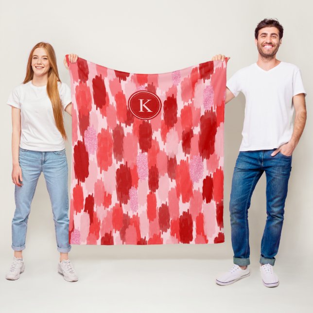 Couverture Polaire Rouge rose Abstrait brosses Motif Monogramme (En situation)