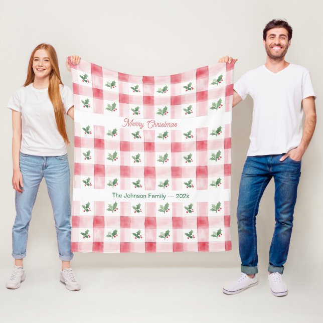 Couverture Polaire Rouge Rose Gingham Noël Personnalisé (En situation)