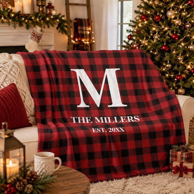 Couverture Polaire Rouge rustique et plaid de buffle noir Monogramme  (Rustic Red and Black Buffalo Plaid Monogram Fleece Blanket)