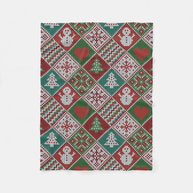 Couverture Polaire Rouge Vert blanc Faux Knit Motif de Noël (Devant)