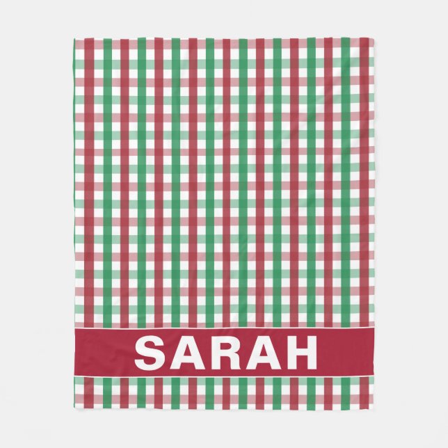 Couverture Polaire Rouge & Vert Gingham avec nom personnalisé (Devant)