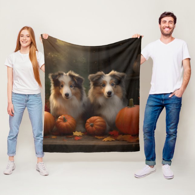 Couverture Polaire Rough Collie Puppy Automne Citrouille de plaisir (En situation)