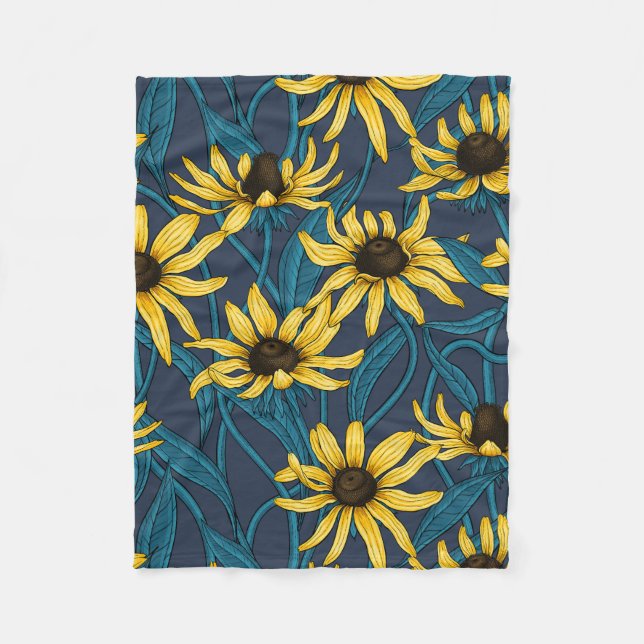 Couverture Polaire Rudbekia jaune sur la marine (Devant)