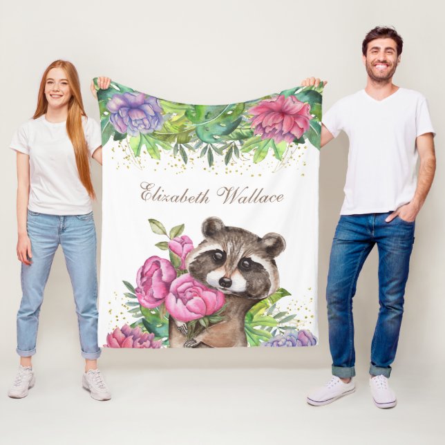 Couverture Polaire Russe Forêt Boisée Cute Floral Raccoon (En situation)