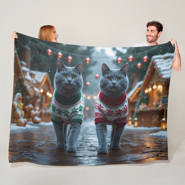 Couverture Polaire Russian Blue Cats Christmas Snow Holiday  (En situation)