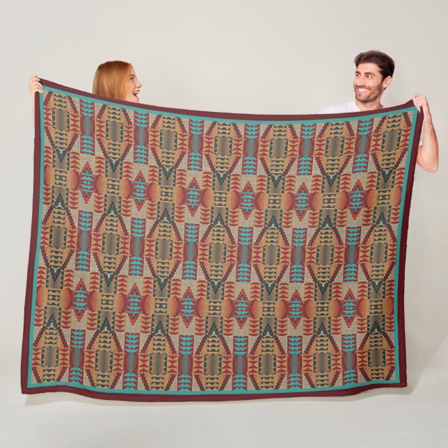 Couverture Polaire Rust Orange Brown Turquoise Turquoise Blue Tribal  (En situation)