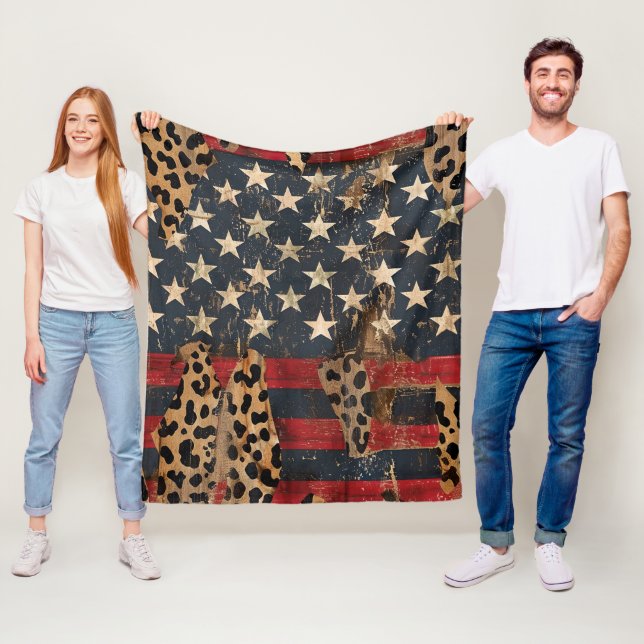 Couverture Polaire Rustic American Flag Leopard Print (3) (En situation)