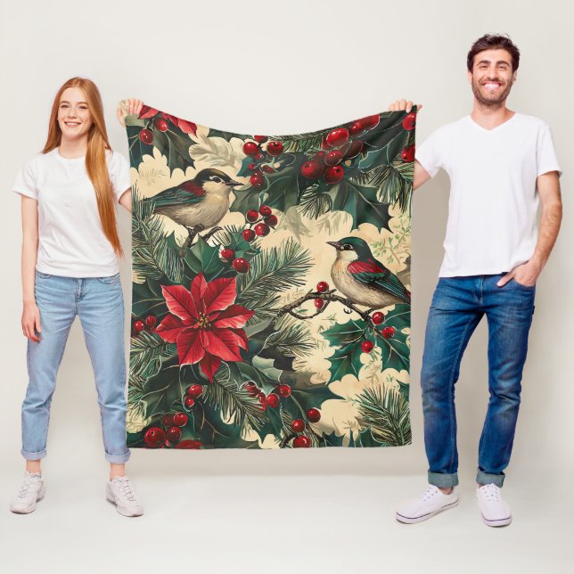 Couverture Polaire Rustic Bird et Poinsettia Motif de Noël (13) (En situation)