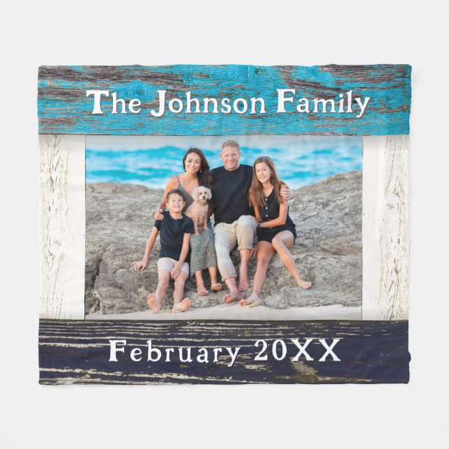 Couverture Polaire Rustic Blue Wood Frame Family Name  (Devant (Horizontal))