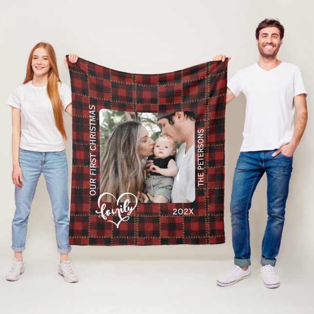 Couverture Polaire Rustic Red Buffalo Plaid First Christmas Family (En situation)