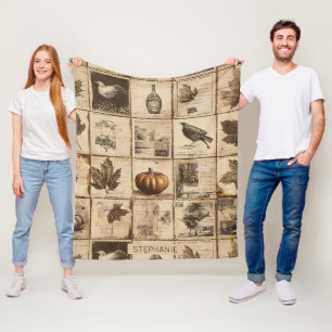 Couverture Polaire Rustique Automne Ephemera Collage Terre chaude (