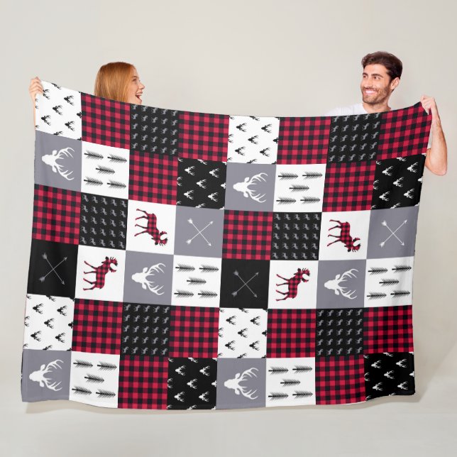 Couverture Polaire Rustique Noël rouge blanc à carreaux plaid patchwo (En situation)