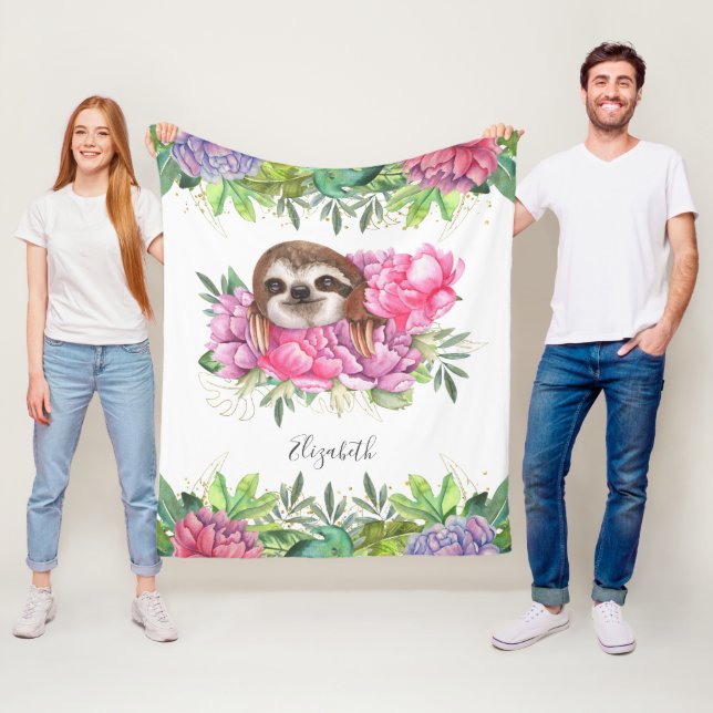 Couverture Polaire Rustique Tropical Cute Floral Adorable Sloth (En situation)