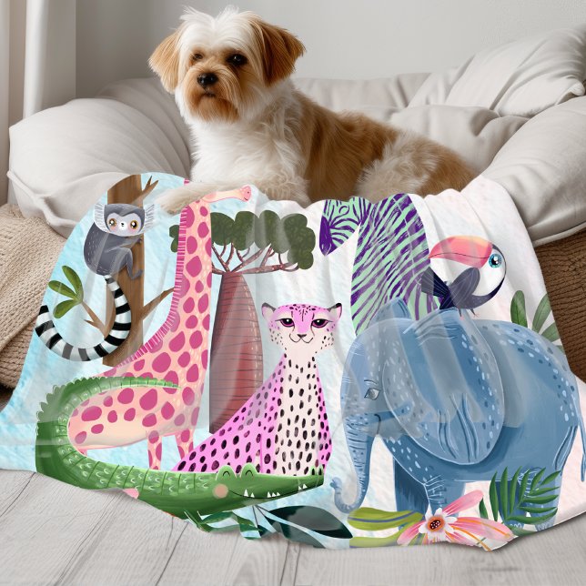 Couverture Polaire Safari animals jungle birthday watercolor girl (Créateur téléchargé)