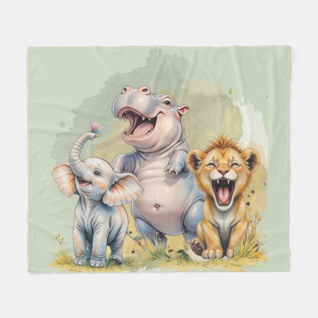 Couverture Polaire Safari Animaux Lion Hippo Elephant (Devant (Horizontal))